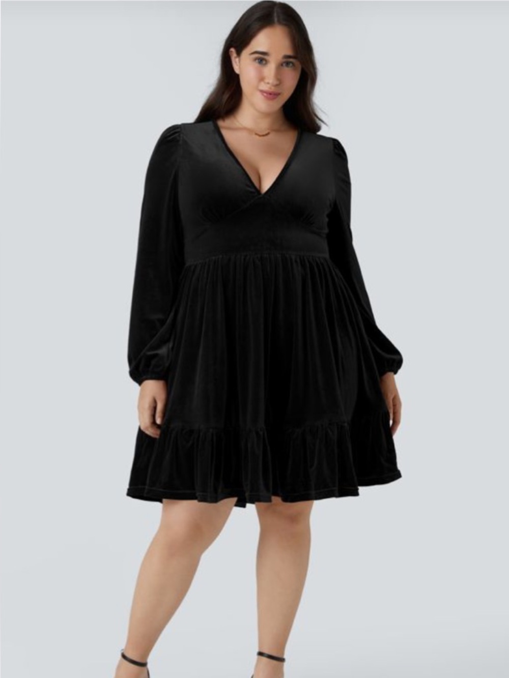 Halara  Black Velvet V-Neck Long Sleeve Dress 1X
